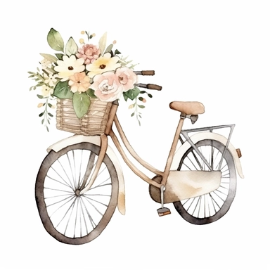 Watercolor A vintage-style bicycle with a basket filled with flowers clipart, Minimalist, isolated white background, 8k