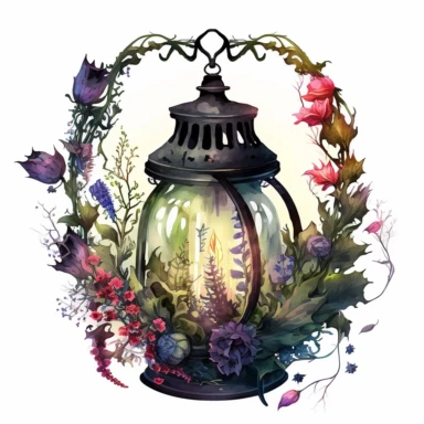 a fairy gothic oil lamp full of gothic flowers with watercolour effect, fairy plants, fantastic scene , fantastic gothic flowers, suitable for digital clipart , unrealistic