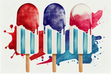 Red, white and blue patriotic popsicle on wooden stick. Hand drawn water color drawing on white, isolated clip art element for design. Memorial Day, Flag Day, 4th of July, Labor Day sweet decoration, realistic,