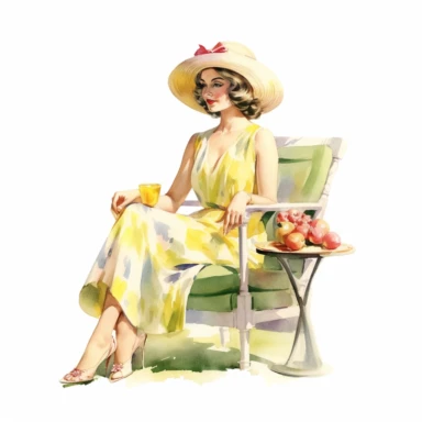 vintage woman colorful illustration old fashioned summer , Hand drawn , watercolor style,clipart,no shadow,single design, print on demand image, PNG transparent ,white background for removing background - - no text shadow font watermark