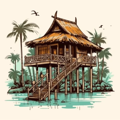 brilliant Asian traditional khmer wood stilt house , vintage, logo, clean, solid color, , clip art style, vector style