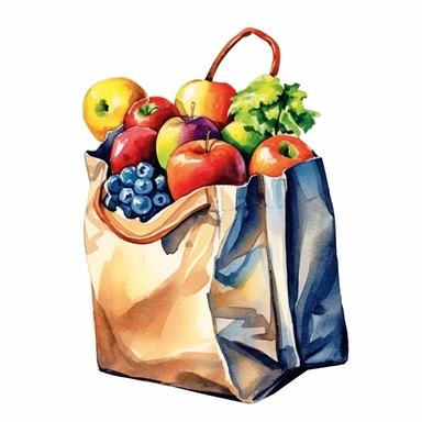 watercolor an illustration of a paper shopping bag with vegetables and fruits in, in the style of mbole art, realistic watercolor paintings, aquarellist, rtx on, #vfxfriday, oshare kei, dansaekhwa Clipart desert cartoon t-shirt graphic, vector, contour, isolated on a white background