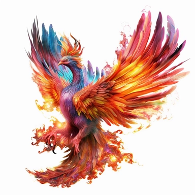 a fairy phoenix with, master of flames, dark red and light yellow, orange, clipart, on white background, ward winning closeup most beautiful , close-up, professional photoshoot, real life , fluid movement, iridescent, ivory and pink-blue , with chaotic background, award winning shot, body in motion. Lot accessories, intricate detailed, hyper realistic, hyper details, neo futuristic glam, rim lighting, dark light, moon night, global neon illumination, moonlight, moon beams, raking light, inner gl