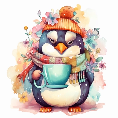 a cute penguin with a winter scarf and a hot cocoa mug, depicted in a whimsical, cartoon style, watercolor, surrounded by colorful flowers and butterflies. The mood of the artwork is cheerful and playful, with a soft pastel color palette. The lighting style is bright and sunny, evoking a warm and inviting feeling. clipart design graphic, vector, contour, super cute, isolated white background, high quality, 2d, flat