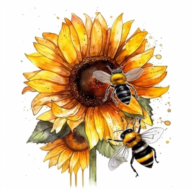 bee and sunflower drawn in watercolor, vector design, cutout,Sublimation Clipart ,Cartoon,hyper realistic, intricate detail, illustration style,high solution,on the white background
