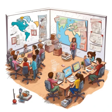 Clipart showcasing a classroom scene with students sitting at desks, a whiteboard, and educational materials.