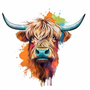 Highland cow with a Moo speech bubble, clip art, detailed, cute, bold, bright, colorful, vector art, clean, neat, white background