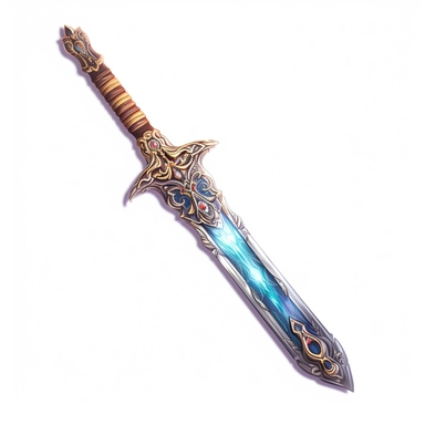 Create a mesmerizing clipart of a legendary sword against a pristine white background. The sword should be forged with exquisite craftsmanship, with an adorned hilt featuring intricate patterns and gemstones. Depict a radiant glow along the blade, hinting at its mythical powers.