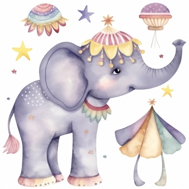One cute decorated circus elephant clipart, style as seen on Etsy. Cartoonish appearance with exaggerated body proportions, but atomically correct limb positions and number. Perfect for decorating a baby's nursery. Varied bright pastel watercolors, loose,