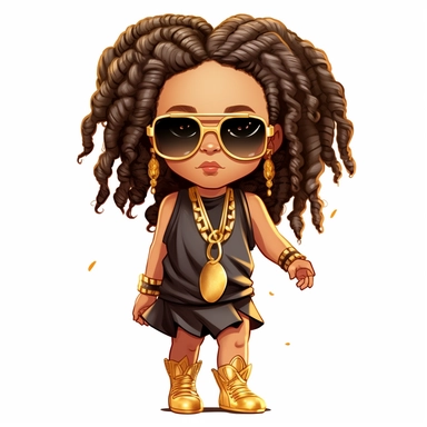 African- American girl, wearing gucci dresses, LV shoe, wearing gold knuckles, gold rings, gold watche, sunglasses, Long and Curly, clipart, Short Locs + High Fade, in white background, as a Inspired Chibi and Kawaii Style