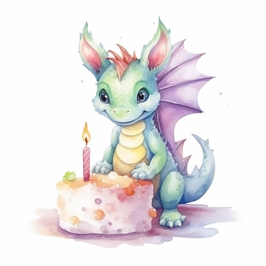 Cute happy Watercolor cake Baby Dragon Clipart, on a white background