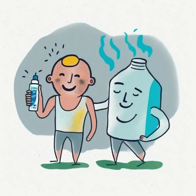 two people, the first is sad and there is smoke coming out from under his arm. The second person is happy holding an ecological deodorant, clipart