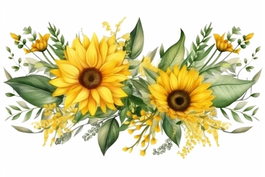 Sunflower and eucalyptus leaves bouquet. Watercolor floral clipart. Yellow flowers for rustic wedding design, thanksgiving decoration, fabric, greeting cards. Isolated on transparent background