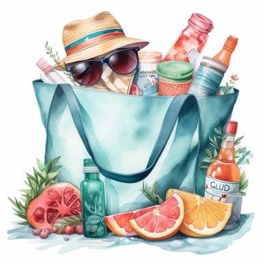 watercolor, hyper realistic, white background, white margins, 16k, ultra detailed clipart, cut out image, hand-drawn, whimsical A playful clipart featuring a summer tote bag filled with beach essentials like a towel, sunscreen, sunglasses, and a refreshing drink, ready for a day of fun in the sun. teal and coral