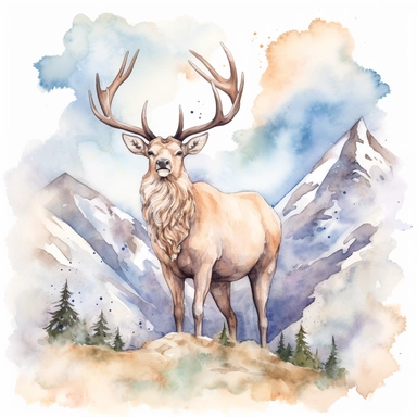 an enchanting watercolor clipart image with a white background and soft pastel colors, showcasing a cute elk standing proudly on a mountaintop, surrounded by snow-capped peaks and a clear blue sky. The ultra-detailed, hand-drawn elements capture the majesty and strength of the elk. Use shades of brown, blue, and white to create a visually appealing and awe-inspiring image that conveys the grandeur and resilience of the elk in its mountainous home.