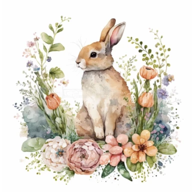 cute easter bunny sitting among flowers, watercolor clipart illustration, transparent background