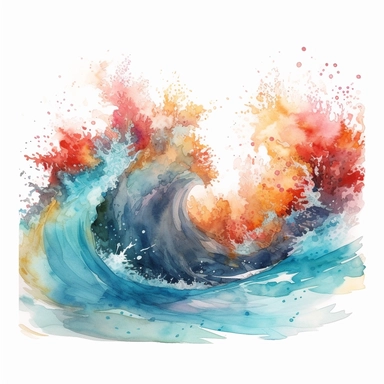watercolor crashing waves, shades of coral turquoise yellow and blue, glamorous, very detailed and realistic, white background with margins, clipart style