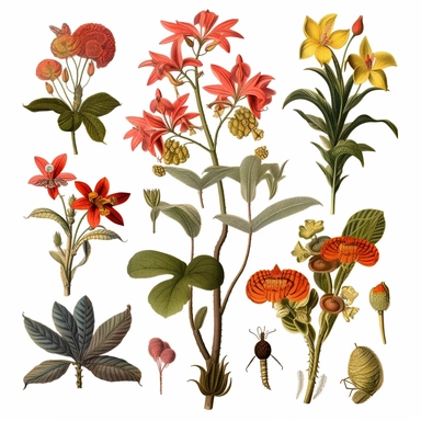 Clipart, vintage, Botanical prints from the 1800s representing the diverse plant life of the South American rainforests, hand draw