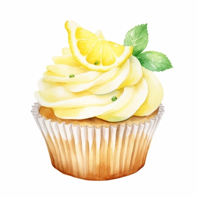 watercolor lemon cupcake clipart with pastel-colored icing, lemon zest accents, and delicate lemon decorations. The soft and soothing pastel palette adds a touch of elegance to the design, making it perfect for adding a sweet and refreshing vibe to your projects
