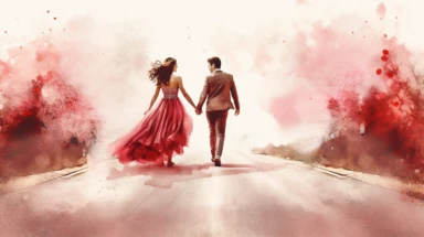 watercolor clipart style image of a man and woman walking down the road in red dresses with outstretched hands, in the style of dreamy and romantic, matte photo, graceful balance, sculpted, photo bash, romantic charm, balance, and harmony