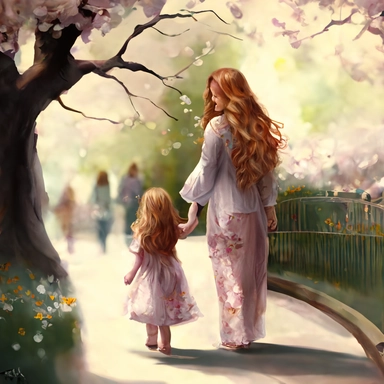 beautiful young pregnant mother with long beautiful blonde hair and toddler daughter with beautiful ong auburn hair holding hands walking in park, flowering trees, path lined with benches, highly detailed, realistic, fantasy, ethereal, soft colors, sharp focus, clipart style