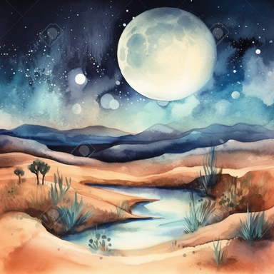 clipart style, watercolor scene of A dreamlike depiction of a desert landscape under a moonlit night sky. The sand dunes ripple across the scene, while the moon and stars illuminate the arid terrain, creating a serene and otherworldly atmosphere, HD, on white background