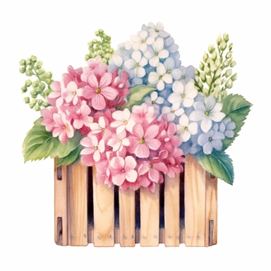 Design a dreamy watercolor clipart of frenchfarmhouse-inspired Hydrangeas, dahlias, and snapdragons arranged in a wooden crate composition, hand-painted with soft and graceful brushstrokes. Draw inspiration from the artistic finesse of Ethereal Petals Watercolors for a refined and ethereal depiction. isolated on a white background, hand-drawn illustration, hand-painted watercolor texture, 16k UHD resolution, intricately detailed, sharp focal points, designed by Ana Victoria Calderon and Holly Ex
