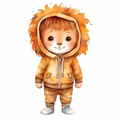 cute kid wearing Lion costumes and with happy face,front facing on isolated background,with happy face and expression,Animal Sublimation Clipart,no splash watercolor,white background, ultra detailed clipart, cut out image, colorful watercolor realistic, cartoon style, ultra HD, sharp and clean art