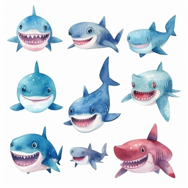 watercolor set of baby shark clipart illustration, for kids book, white background, HD, Color, Illustration