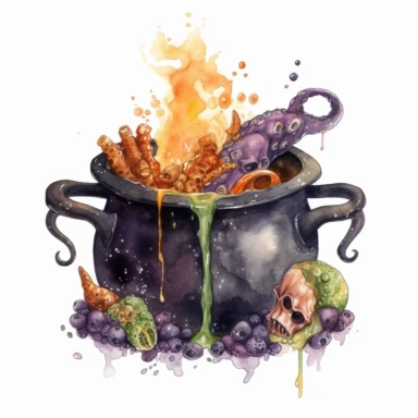 hand drawn black cauldron with bubbling potion, large bone in the cauldron, an octopus tentacle coming out of cauldron and hanging on the side, Halloween, purple orange and green shades, fantasy, glamorous, clipart style, detailed and realistic, watercolor, white background with margins