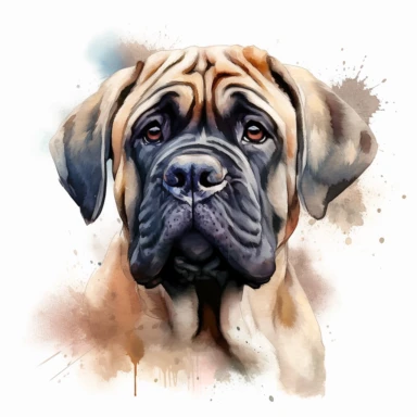 cute English Mastiff dog portrait, full face, centered shot, side shot, dynamically posed, in action, playful mood, happy mood, playing mood, cute face, adorable smile, childlike eyes, clean watercolor illustration, white background, nursery baby imagery, painting, detailed, 8k, PNG, clipart,
