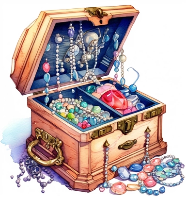 realistic watercolor clipart, an antique victorian jewelry chest with pearls and assorted cute gems, marie antoinette-inspired, in the style of hyper-detailed illustrations, nintencore, kushan empire, symbolist mystery, d&d, packed with hidden details, light red and dark azure, masterpiece, most beautiful artwork in the world, realistic, clear lines, no background