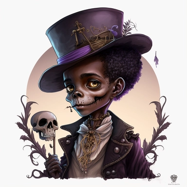 boho little blacky BOY, big eyes, DISNEY character Dr. Facilier, tall black top hat with skull and bones on it with a single purple feather, bone necklace, staff with a purple glow on the end, very detailed and realistic, watercolor, portrait , white background with margins, clipart style,