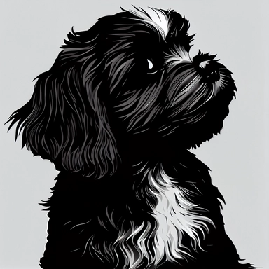 Havanese puppy, side view, black silhouette, portrait, simple outline, vector, logo design, clipart, isolated, no background, .75 gutter