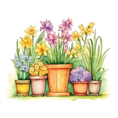 Craft an exquisite hand-drawn watercolor clip art image of a family gift niche adorned with birth flowers. Customize the image for a family of five: a March baby (Daffodil), a May baby (Lily of the Valley), a July baby (Larkspur), an October baby (Marigold), and a December baby (Poinsettia). Use soft pastel colors for the background, creating a gentle and serene atmosphere that complements the vibrant birth flowers. Pay attention to the fine details of each flower, capturing their unique charact