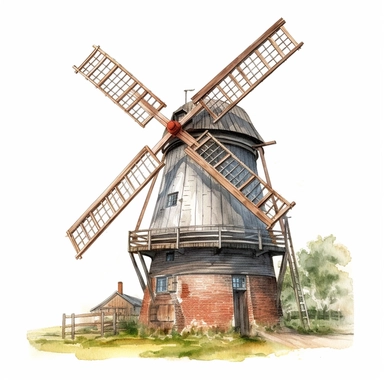 side rear view realistic watercolor drawing of a vintage windmill in Germany, on a white background where the background will be removed to repurpose as a clipart.