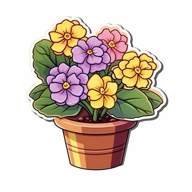Isometric Sticker Clip Art of Primroses, Primula Flower, in flower Pot, children friendly, illustrated in a realistic style, perfect for any special occasion, cut out in the shape of Primroses, with no visible background, giving it the appearance of a sticker, conveying a mystical and whimsical mood, edited with Adobe Photoshop to adjust brightness and contrast, rendered as a transparent PNG file with a high resolution to ensure a crisp and clear image with no pixelation, suitable for various ap