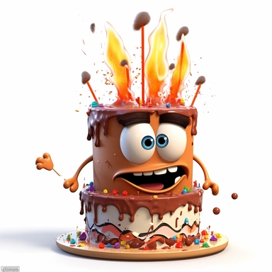 clipart of a messy two layer birthday cake, there is a funny face in the cake, candles, cartoon, for kids, funny, pixar, 8k, white background, sharp focus, detailed,