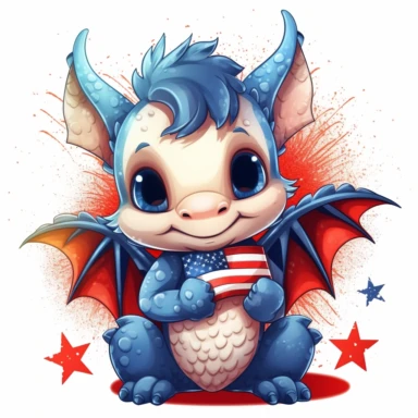illustration of cute baby dragon in red white and blue american flag colors, fireworks, 4th of july, clipart svg, white background