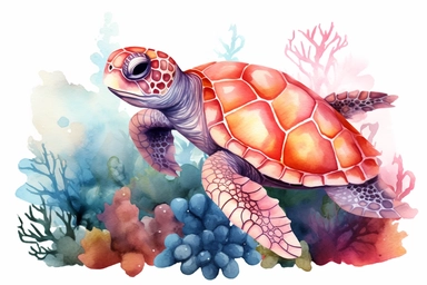 watercolor cute smilling sea turtle swimming in coral reef clipart, cute nautical ocean animals, rainbow colors, hd, isolated on white background, spaced out