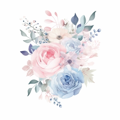 minimalistic and filigree watercolor clipart of a beautiful Dreamy soft pink and light blue flower arrangement for wedding cards, white background, seperated