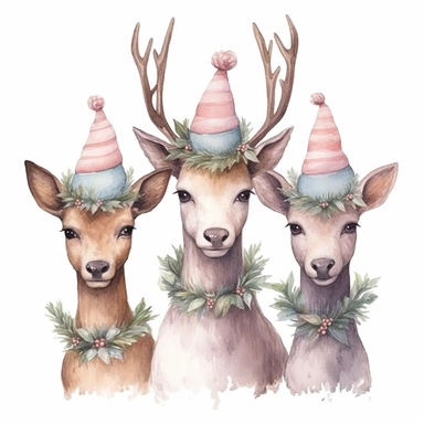 cliparts of deers with christmas hats, vintage illustration, pastel colors, in Pierre Redouté style, isolated on white background