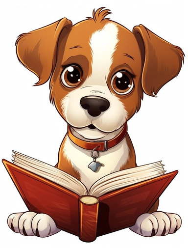 jack russel puppy dog reading a book cartoon style clipart
