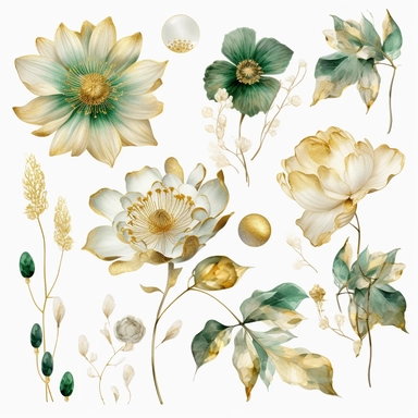 large gold and glass flowers with floral decorations, in the style of nature-inspired installations, delicate ink washes, emerald and golden, detailed miniatures, mosaics, organic texture, nature-inspired imagery, clipart set, white background