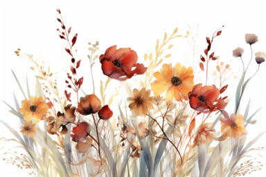 enchanted MAROON AND DUSTY YELLOW flower FIELD WATERCOLOR HAND PAINTED clipart, GREEN WILD LEAVES BETTWEEN FLOWERS AND IN THE BACK, WATERCOLOR AIRY PASTEL COLORS, VISIBLE WATERCOLOR BRUSH TOUCHES, DREAMY AND ELEGANT, COLORFUL DREAMY FLOWERS, white background, WATERCOLOR 8k,