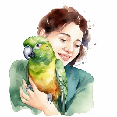 Adorable pet Amazon Parrot having happy moment with it's human owner, water color style, clipart, white background