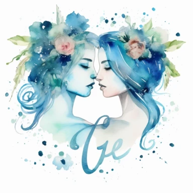 zodiac sign Gemini, animal, flowers, watercolor Clipart, blue watercolor, modern design, isolated white background, 8k,