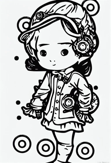 precise shape, simple drawing, 1 1bit, 1 white steampunk little girl, 1 sticker art, 1 color by numbers, 1 coloring page for adults, 1 , printable outlined artwork, 1 coloring book page, 1, line art, 1 white backdrop, crisp lines, vector image, svg style, clipart style,
