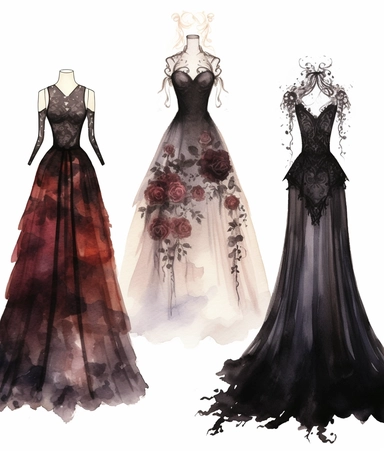 4 watercolor illustration goth wedding dress, in the style of dark palette chiaroscuro, romantic motifs, white, dark maroon and bronze, naïve, inventive, romantic floral motifs, clipart, white background