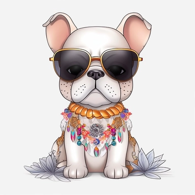 funny kawaii French Bulldog Puppy with Balenciaga sunglasses and cool necklaces,cute illustration, clipart, white backgound, Cuttable Design,full body French Bulldog head using light neutral muted colors, feathers, boho style background, watercolor drawing, incorporating elements like feathers, dreamcatchers, or floral patterns, UHD